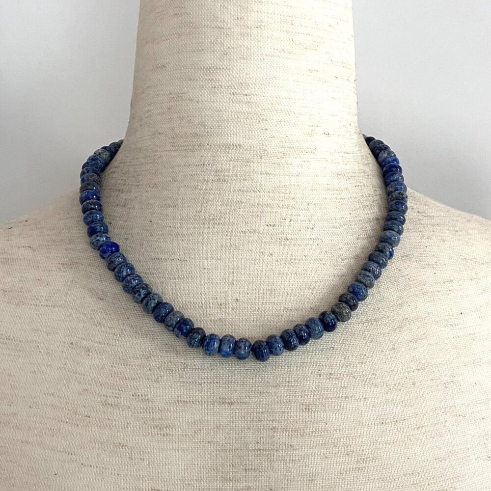 Sterling Silver 925 8MM Denim Blue Sodalite Beaded Necklace 17" Southwest Style